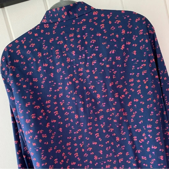 Perry Ellis, Stretch Slim Fit Floral Pattern Button-down Shirt, Navy Blue, Pink - Picture 6 of 12